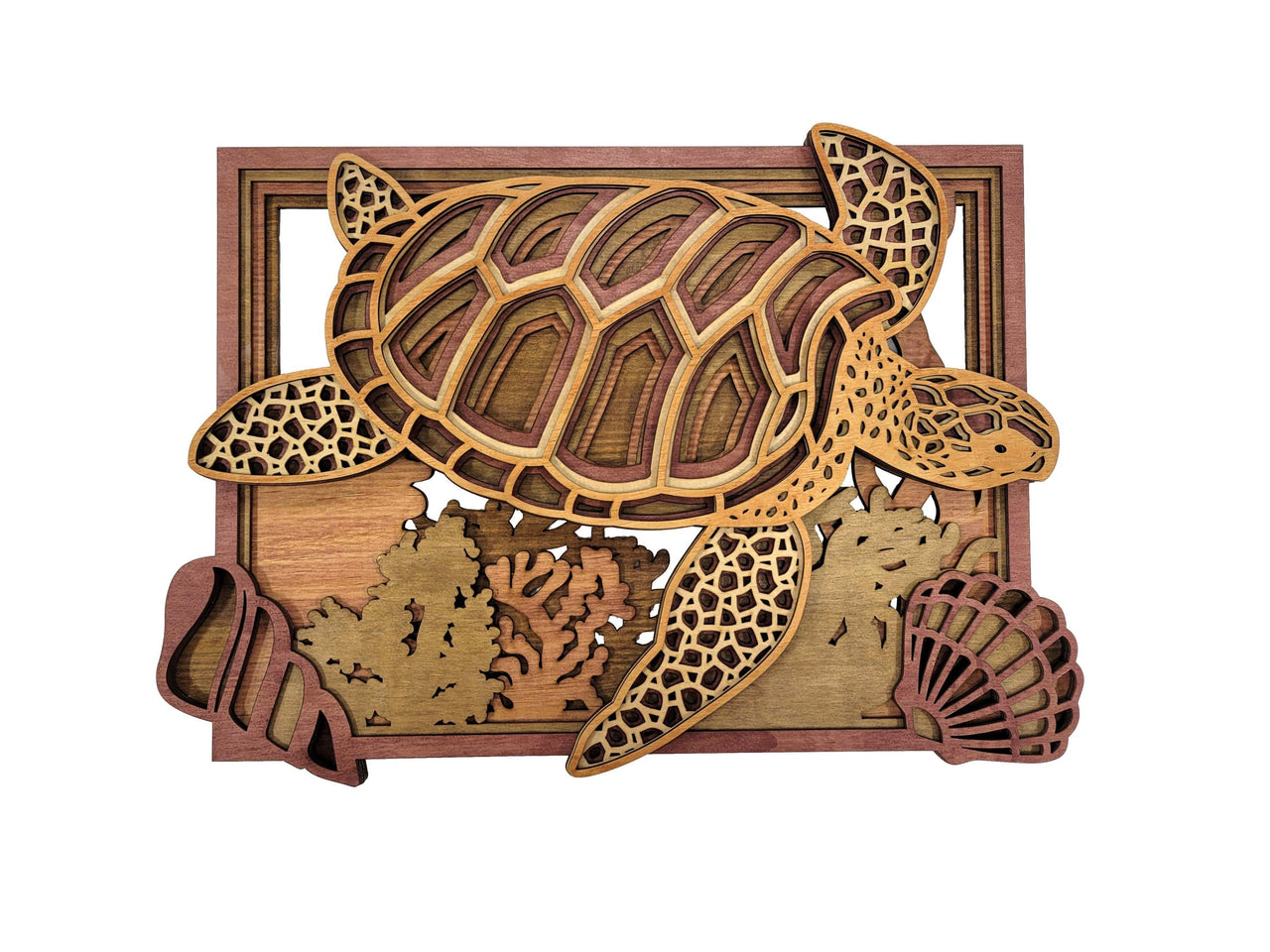 3D Turtle & Sea Shells Wood Wall Art: Layered Stained Nautical Decor