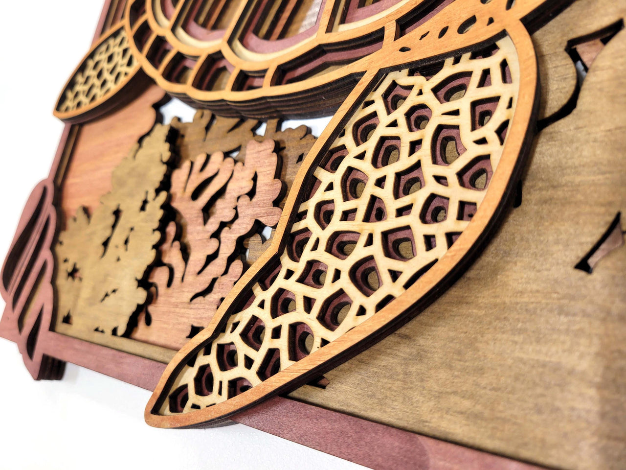 3D Turtle & Sea Shells Wood Wall Art: Layered Stained Nautical Decor