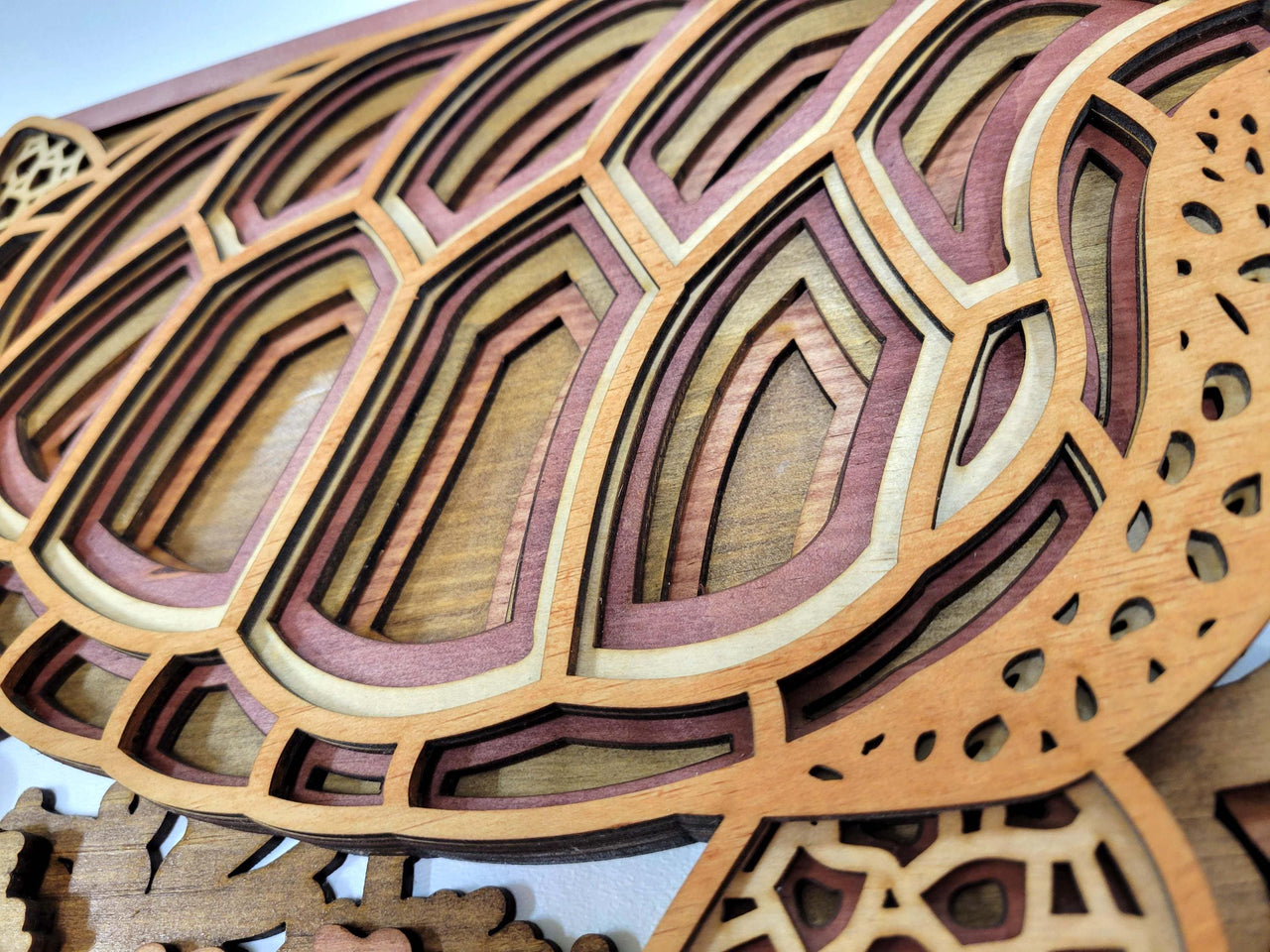3D Turtle & Sea Shells Wood Wall Art: Layered Stained Nautical Decor