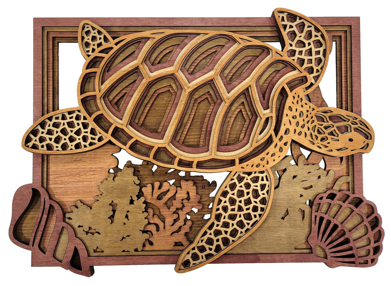 3D Turtle & Sea Shells Wood Wall Art: Layered Stained Nautical Decor