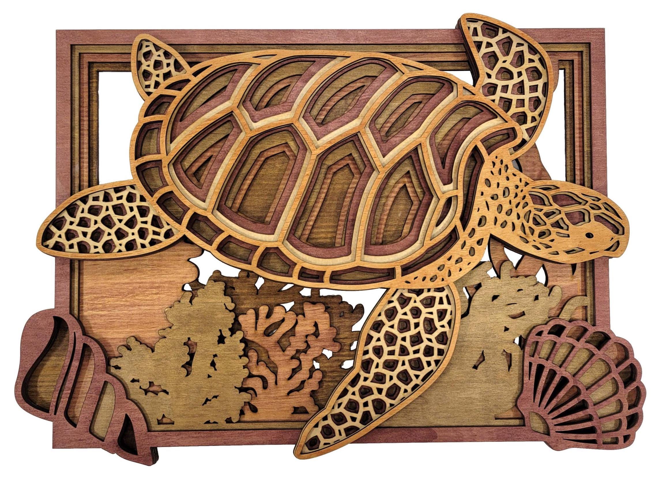 3D Turtle & Sea Shells Wood Wall Art: Layered Stained Nautical Decor