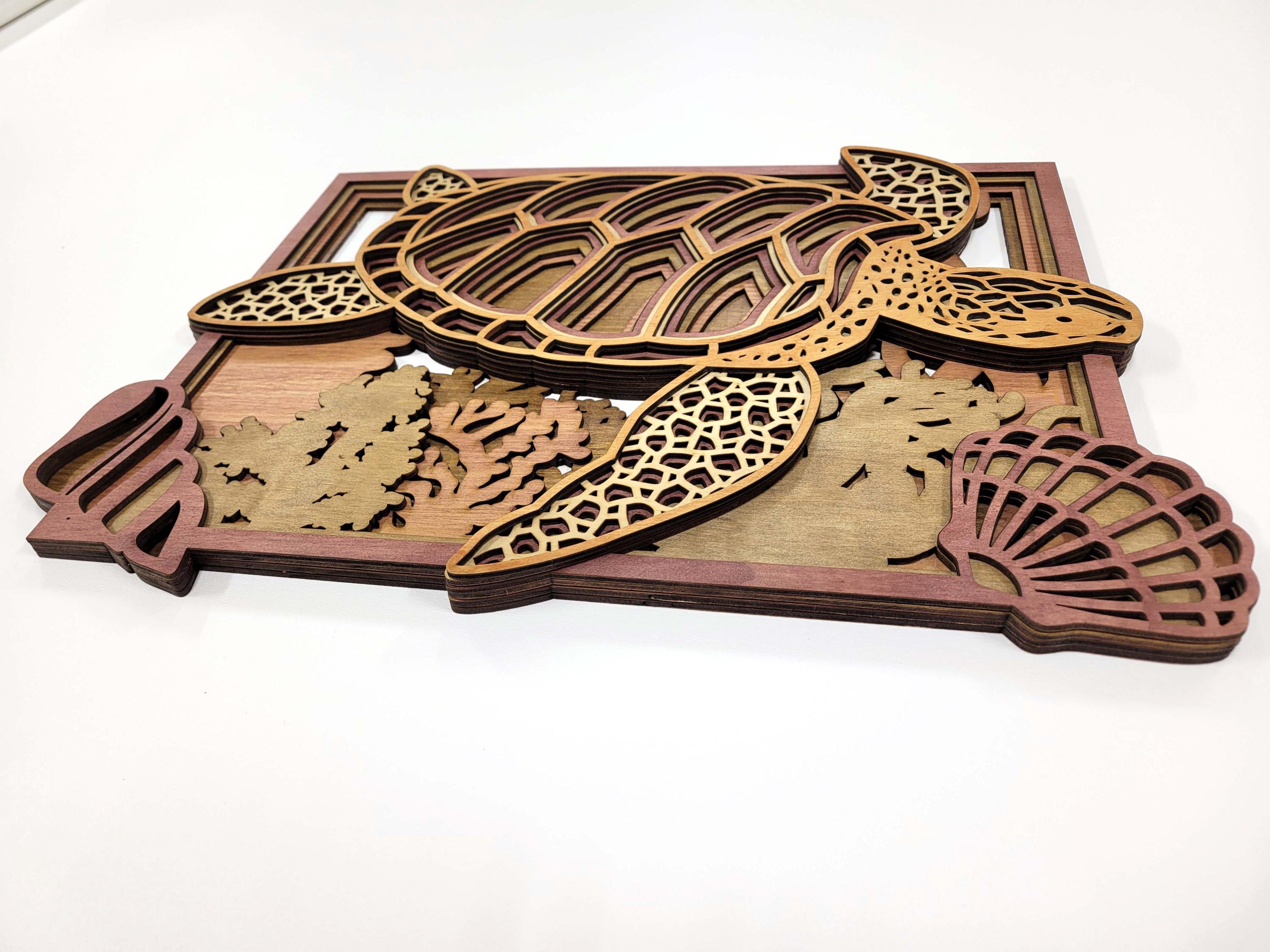 3D Turtle & Sea Shells Wood Wall Art: Layered Stained Nautical Decor