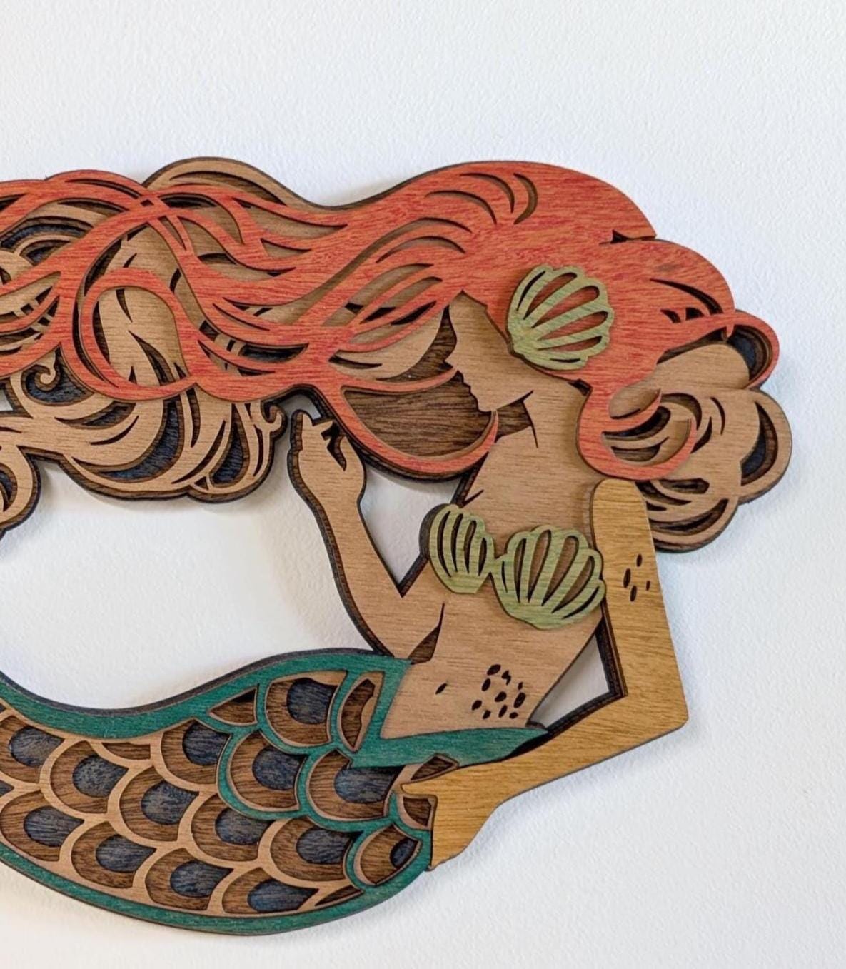 MERMAID Wood Wall Art, Multi-Layered Stained Wood, 3D Laser Wall Art, Ocean, Nautical, Beach House Decor, Nautical Gift