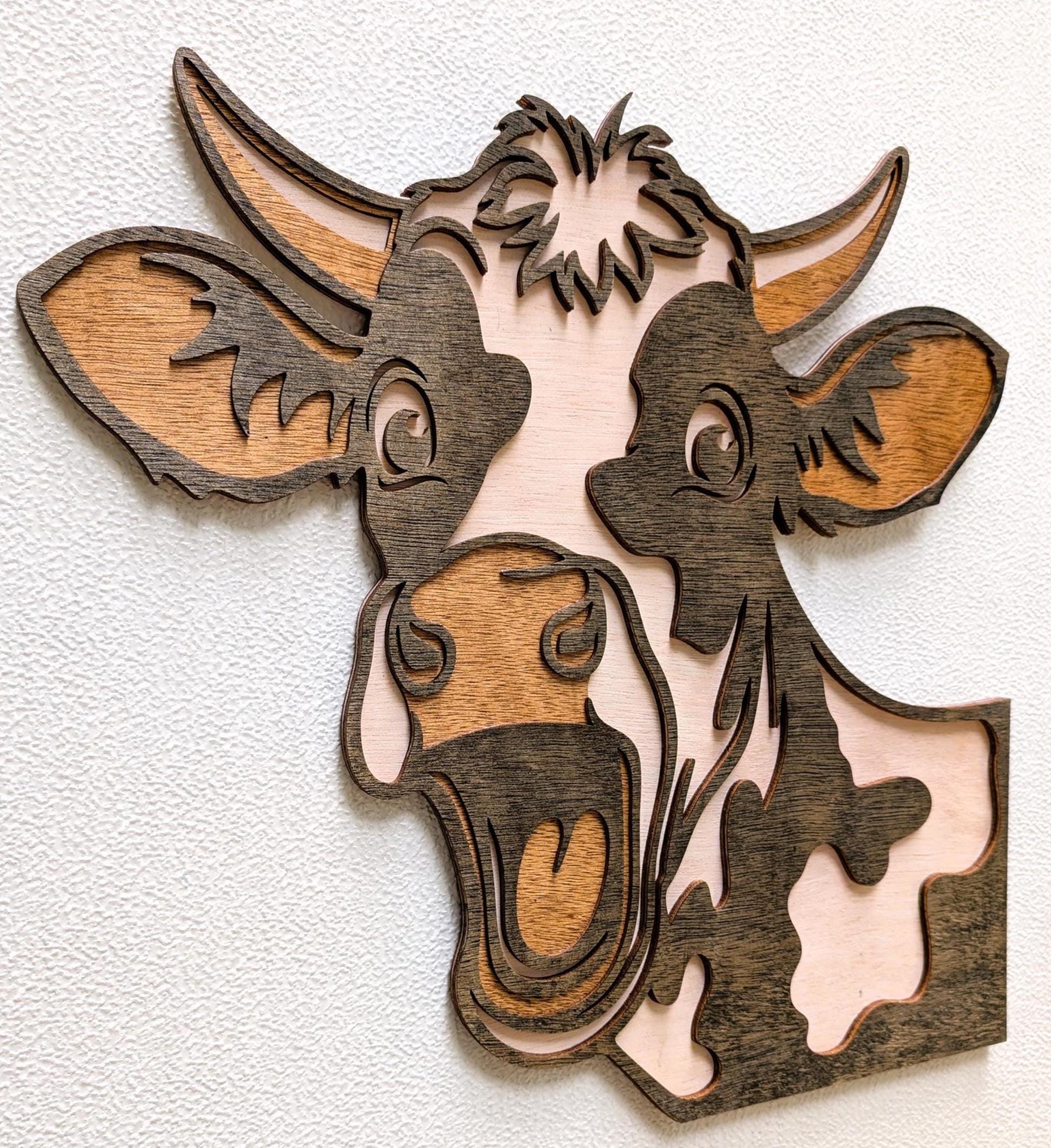 3D Fun Cow Wall Art: Multi-Layered Stained Wood Farm Decor