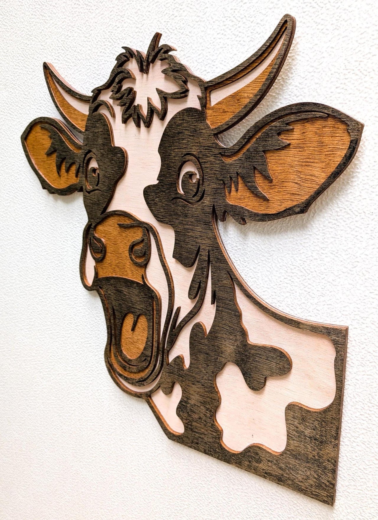 3D Fun Cow Wall Art: Multi-Layered Stained Wood Farm Decor