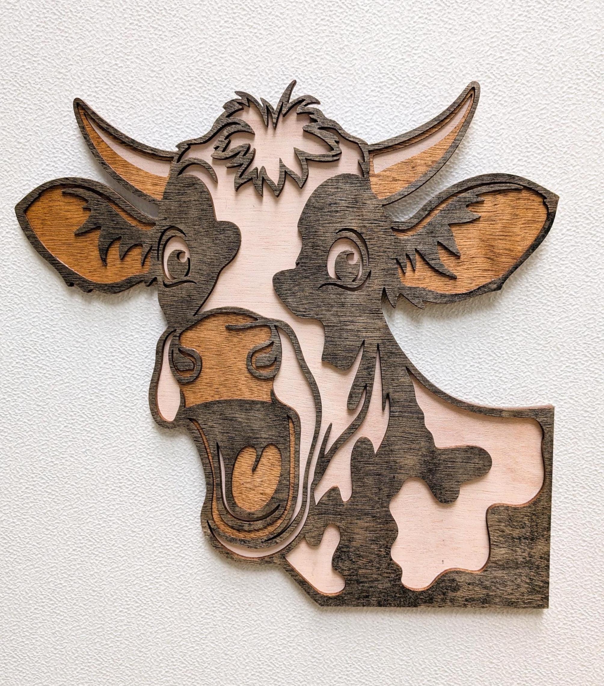 3D Fun Cow Wall Art: Multi-Layered Stained Wood Farm Decor