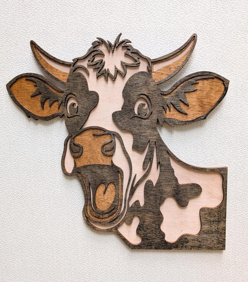 3D Fun Cow Wall Art: Multi-Layered Stained Wood Farm Decor