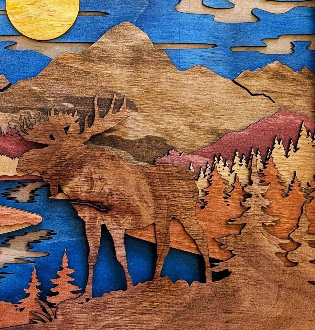3D Moose Mountain Scene Wood Wall Art: Handcrafted Multi-Layered Decor