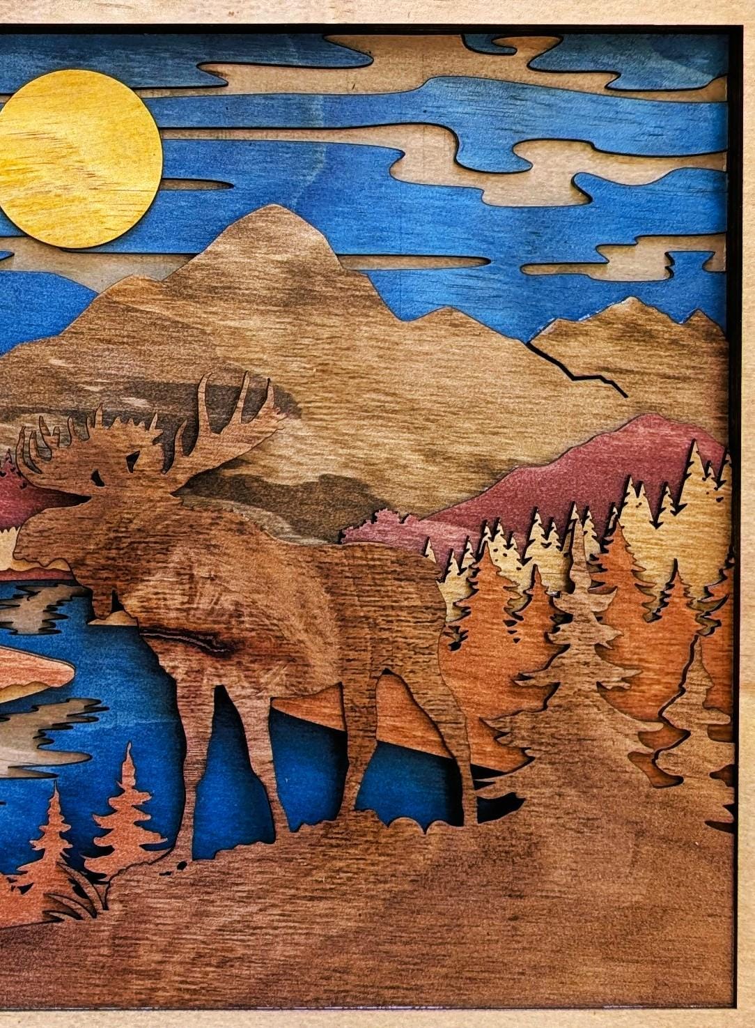 3D Moose Mountain Scene Wood Wall Art: Handcrafted Multi-Layered Decor