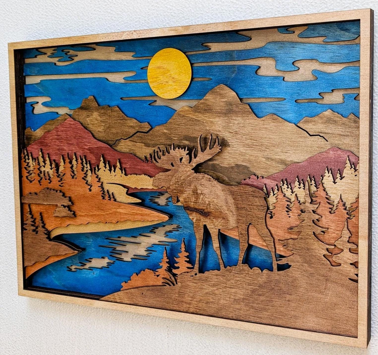 3D Moose Mountain Scene Wood Wall Art: Handcrafted Multi-Layered Decor