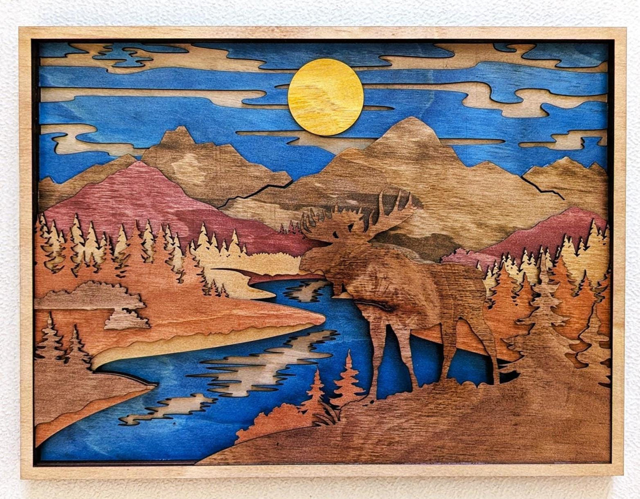3D Moose Mountain Scene Wood Wall Art: Handcrafted Multi-Layered Decor