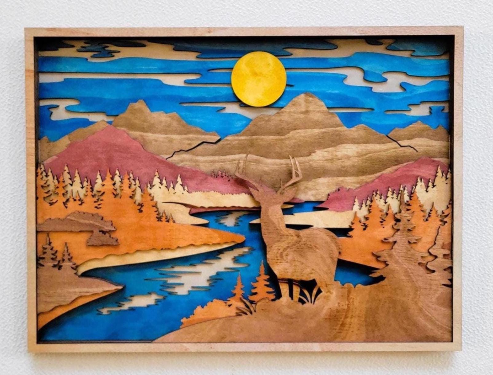 Deer & Mountain Scene: Multi Layered Stained Wood Wall Art