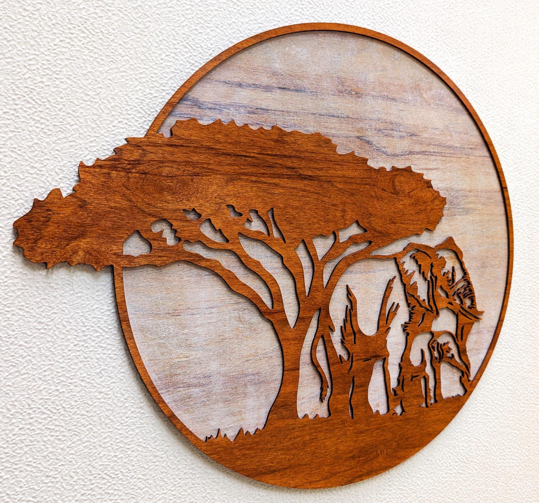 Jungle Scene with Mama and Baby Elephants Wood Wall Art: Multi-Layered Stained Wood