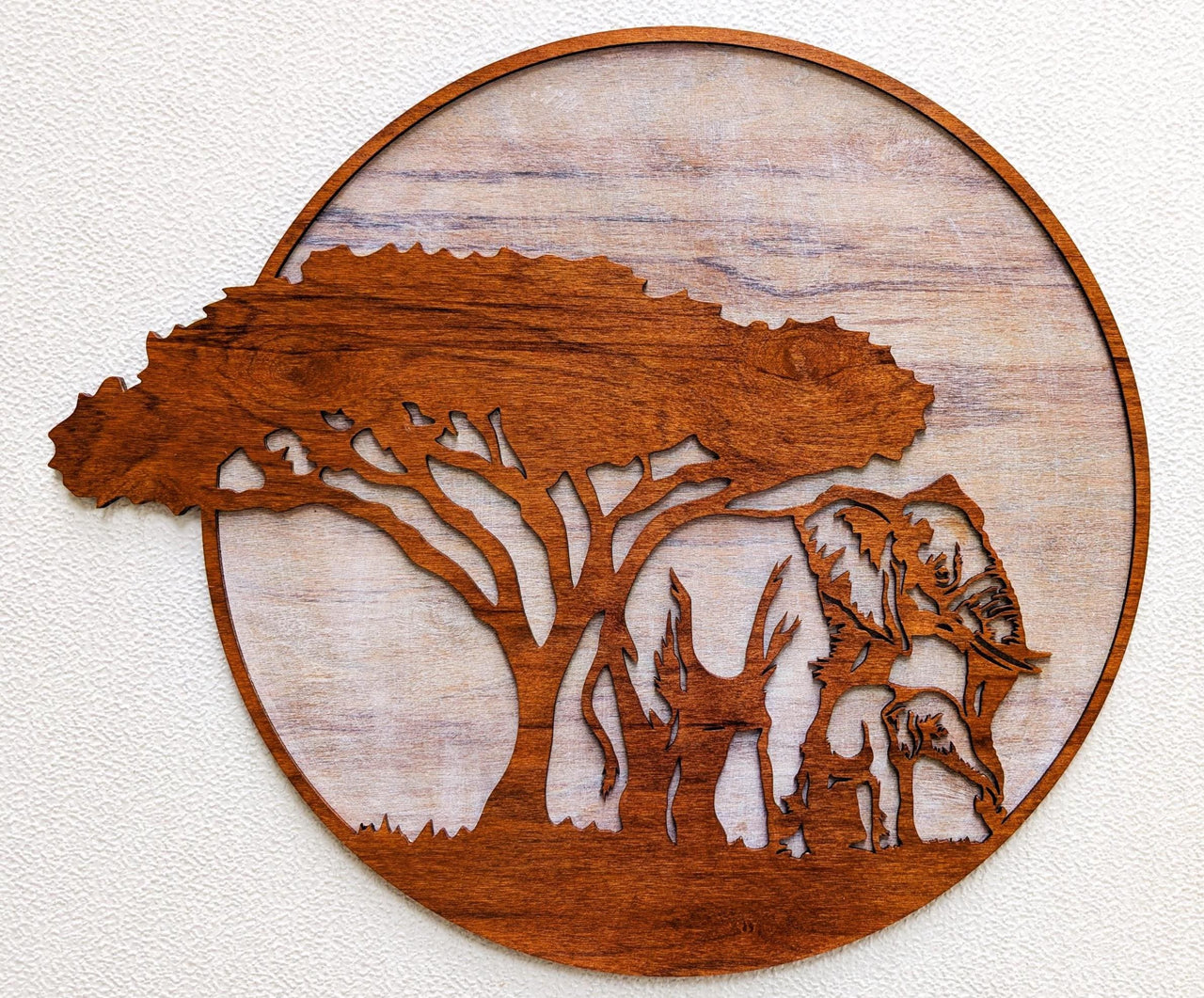 Jungle Scene with Mama and Baby Elephants Wood Wall Art: Multi-Layered Stained Wood