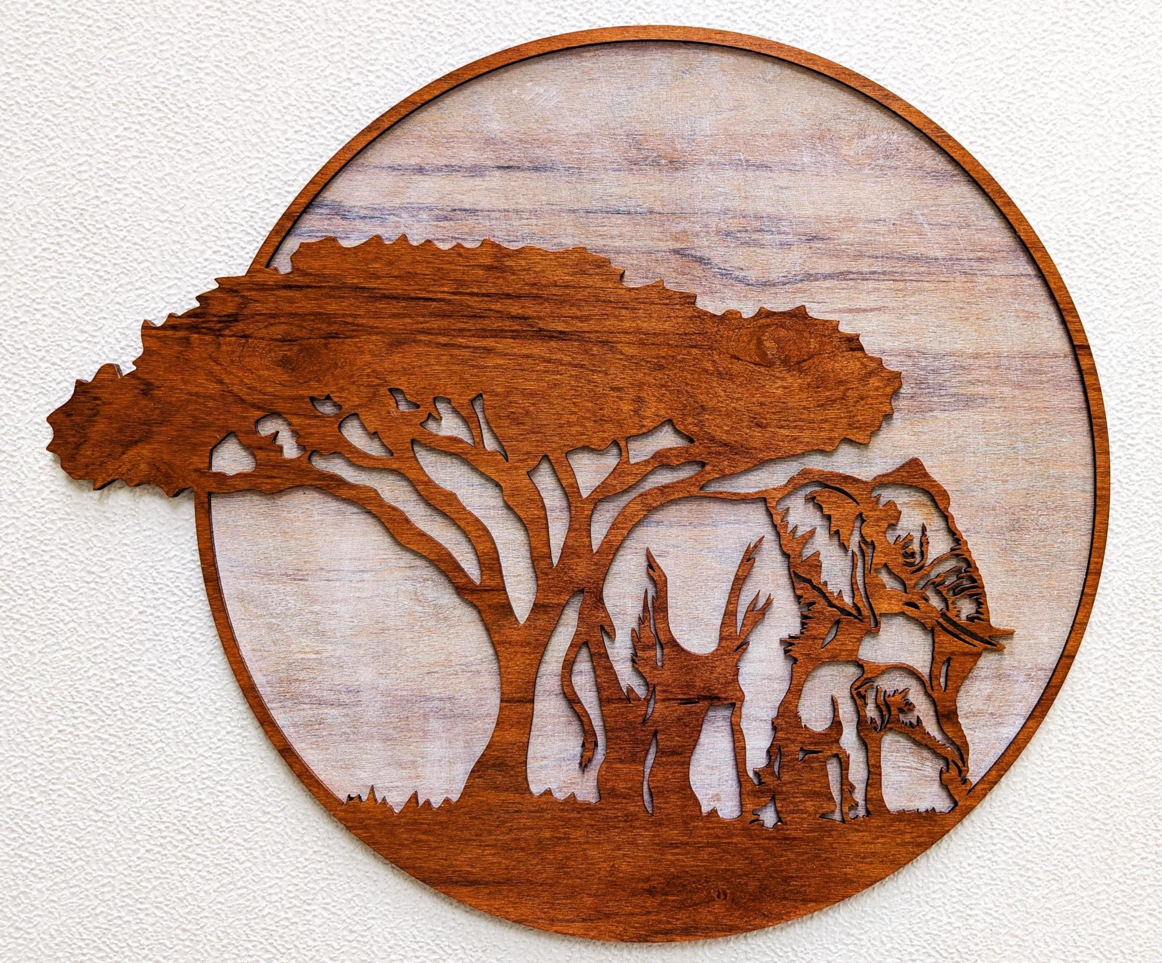 Jungle Scene with Mama and Baby Elephants Wood Wall Art: Multi-Layered Stained Wood