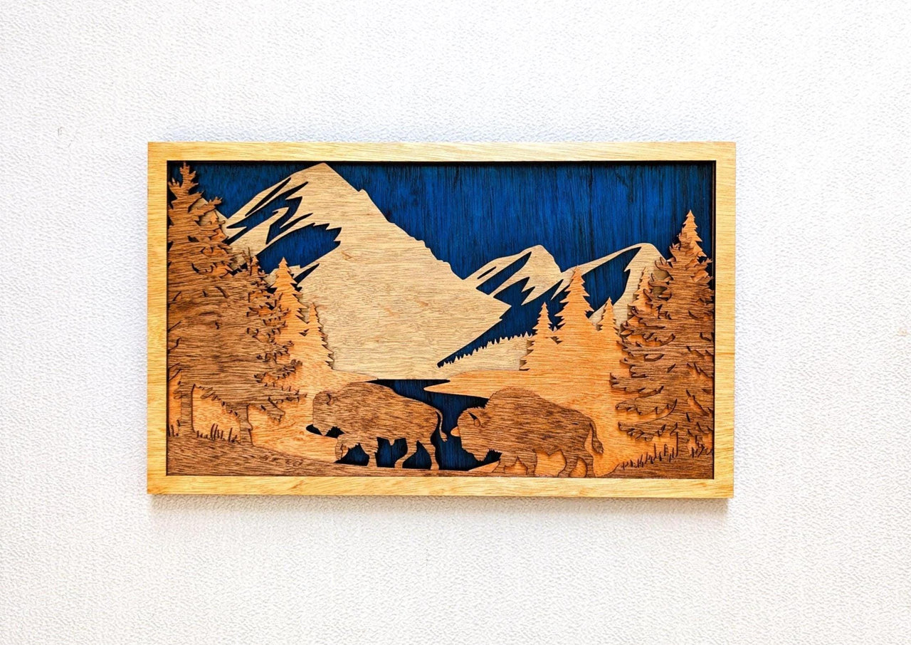 3D Buffalo Mountain Scene Wood Wall Art: Handcrafted Multi-Layered Decor