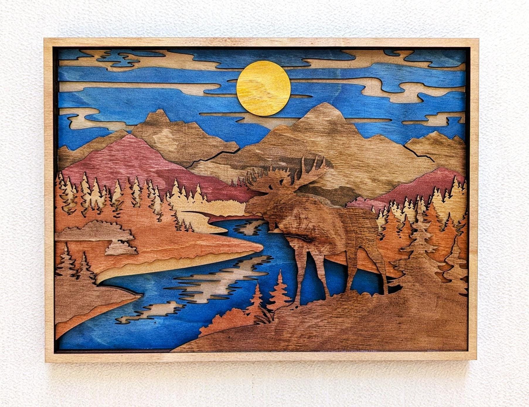 3D Moose Mountain Scene Wood Wall Art: Handcrafted Multi-Layered Decor