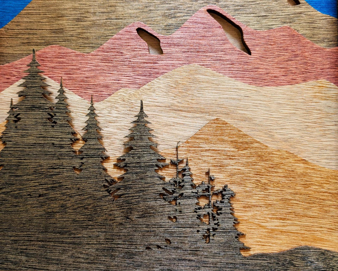 Mountain Scene and Sun Wall Art: Handcrafted Multi Layered Stained Wood