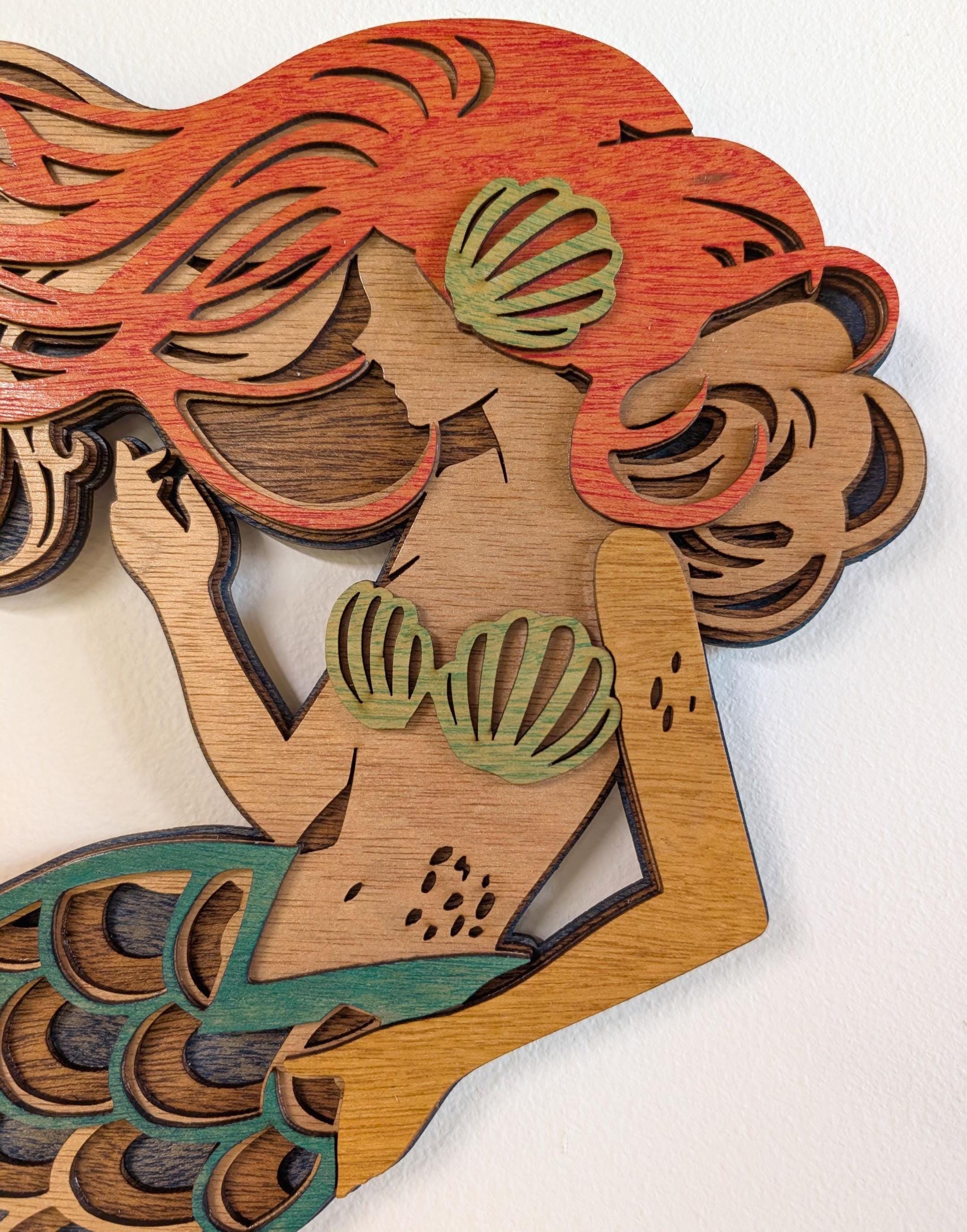 MERMAID Wood Wall Art, Multi-Layered Stained Wood, 3D Laser Wall Art, Ocean, Nautical, Beach House Decor, Nautical Gift