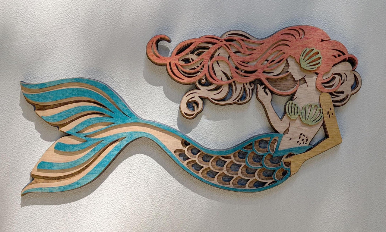 MERMAID Wood Wall Art, Multi-Layered Stained Wood, 3D Laser Wall Art, Ocean, Nautical, Beach House Decor, Nautical Gift