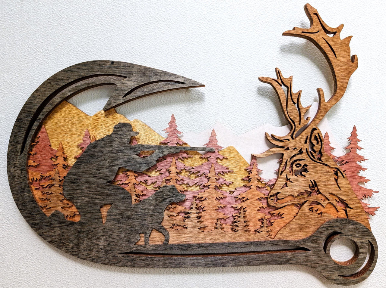 Deer Hunting Scene Wall Art with Fishing Hook Frame: Multi Layered Stained Wood