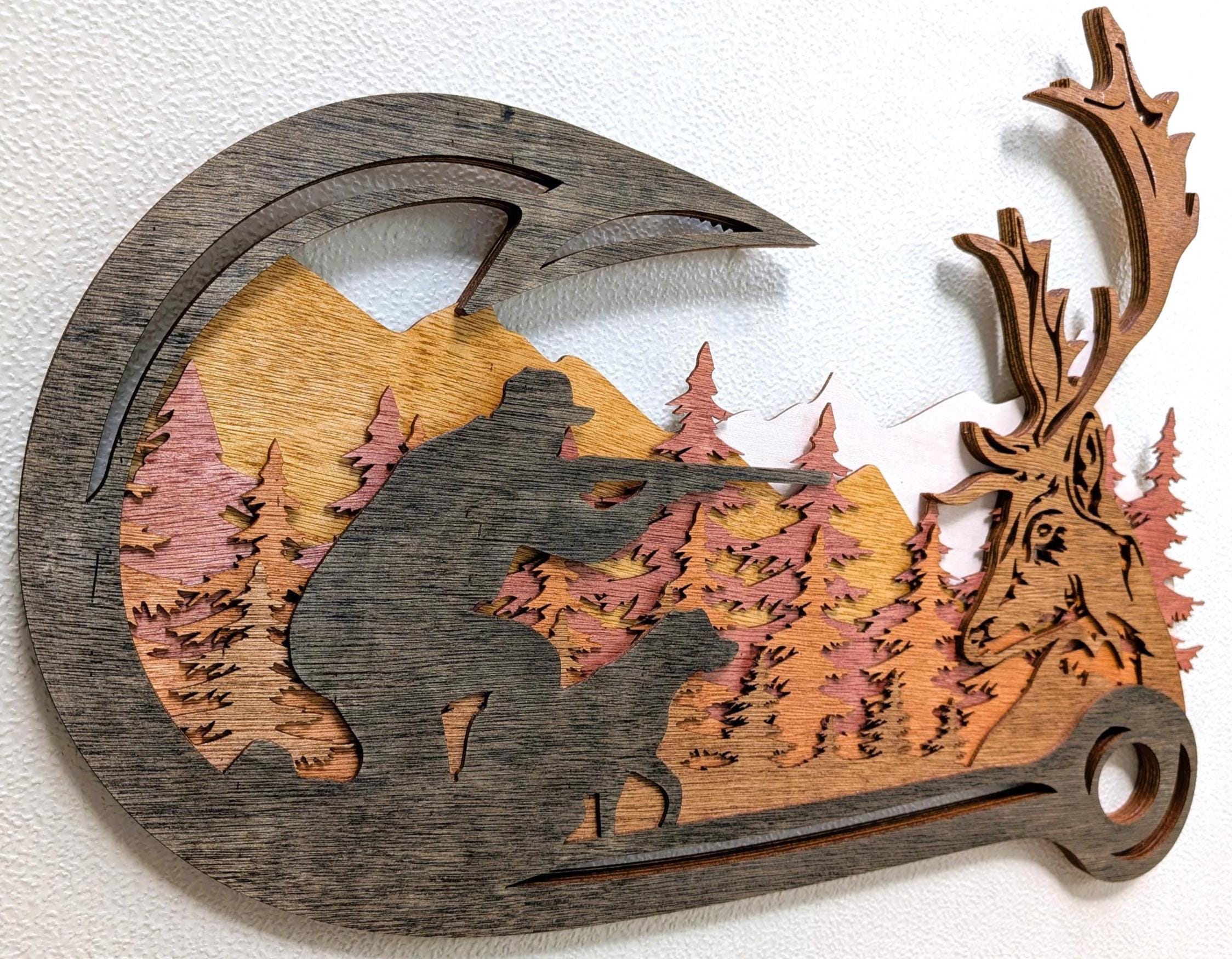 Deer Hunting Scene Wall Art with Fishing Hook Frame: Multi Layered Stained Wood