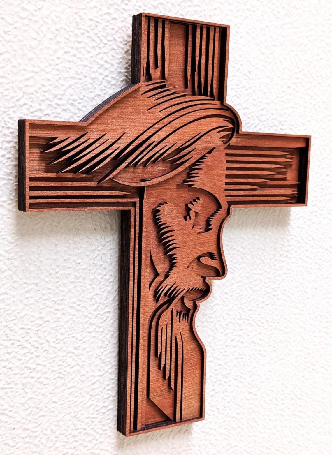 Cross with Jesus Face Wood Wall Art: Christian Home Decor