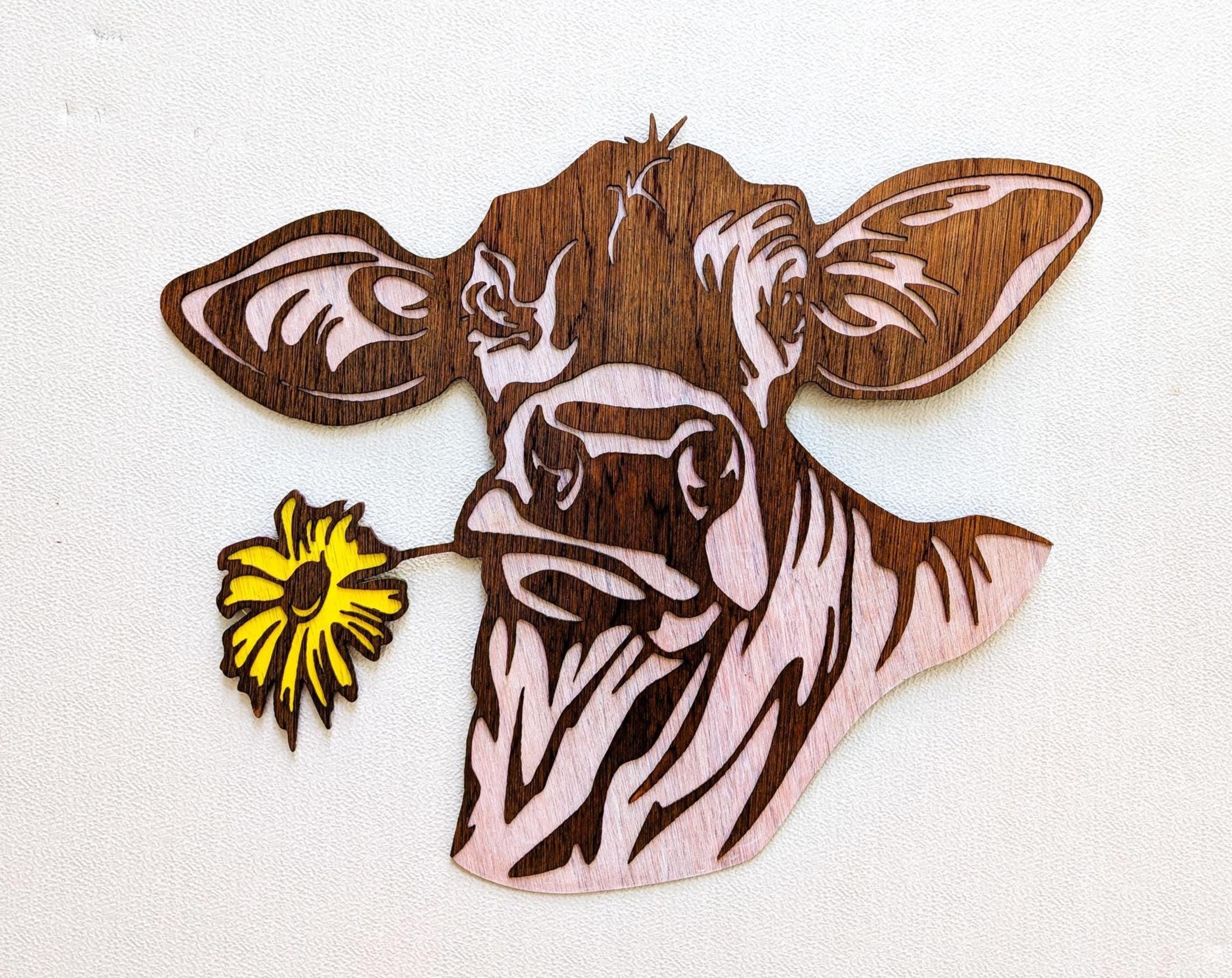 Cow with Daisy Flower Wall Art: Multi Layered Stained Wood Laser Art - Farm Decor