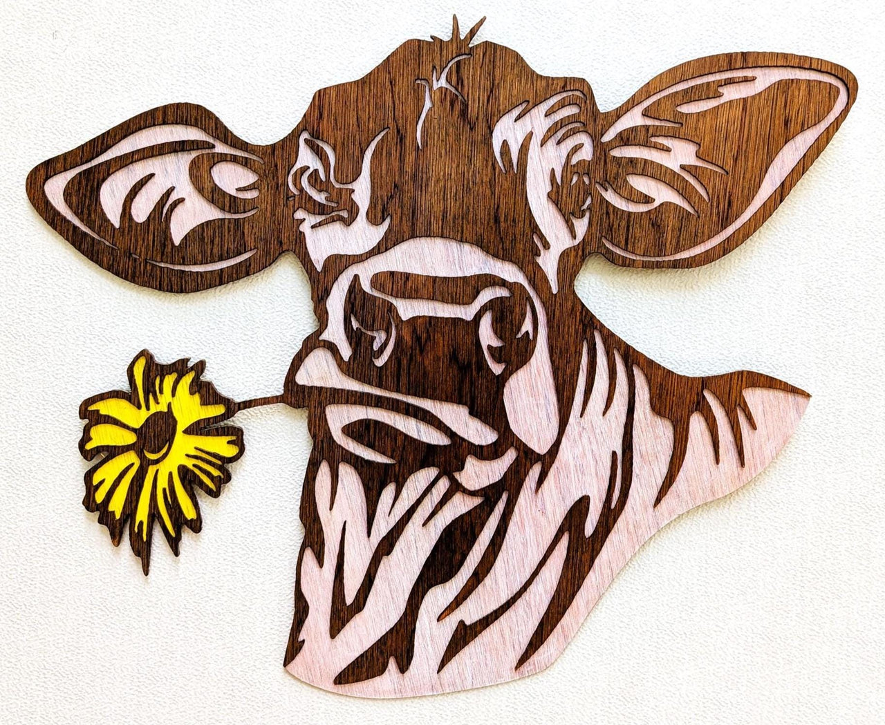 Cow with Daisy Flower Wall Art: Multi Layered Stained Wood Laser Art - Farm Decor