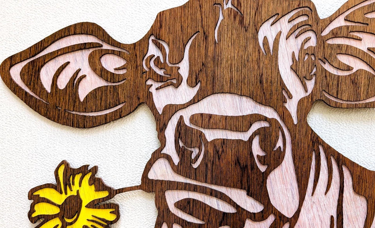 Cow with Daisy Flower Wall Art: Multi Layered Stained Wood Laser Art - Farm Decor