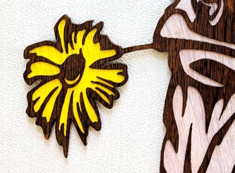 Cow with Daisy Flower Wall Art: Multi Layered Stained Wood Laser Art - Farm Decor