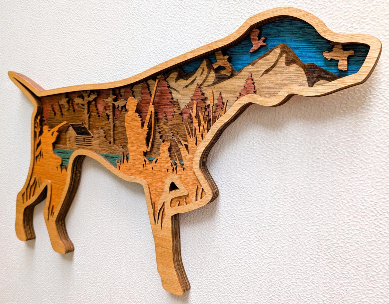 Hunting Dog Scene Wall Art: Multi Layered Stained Wood with Hunter, Dog & Ducks
