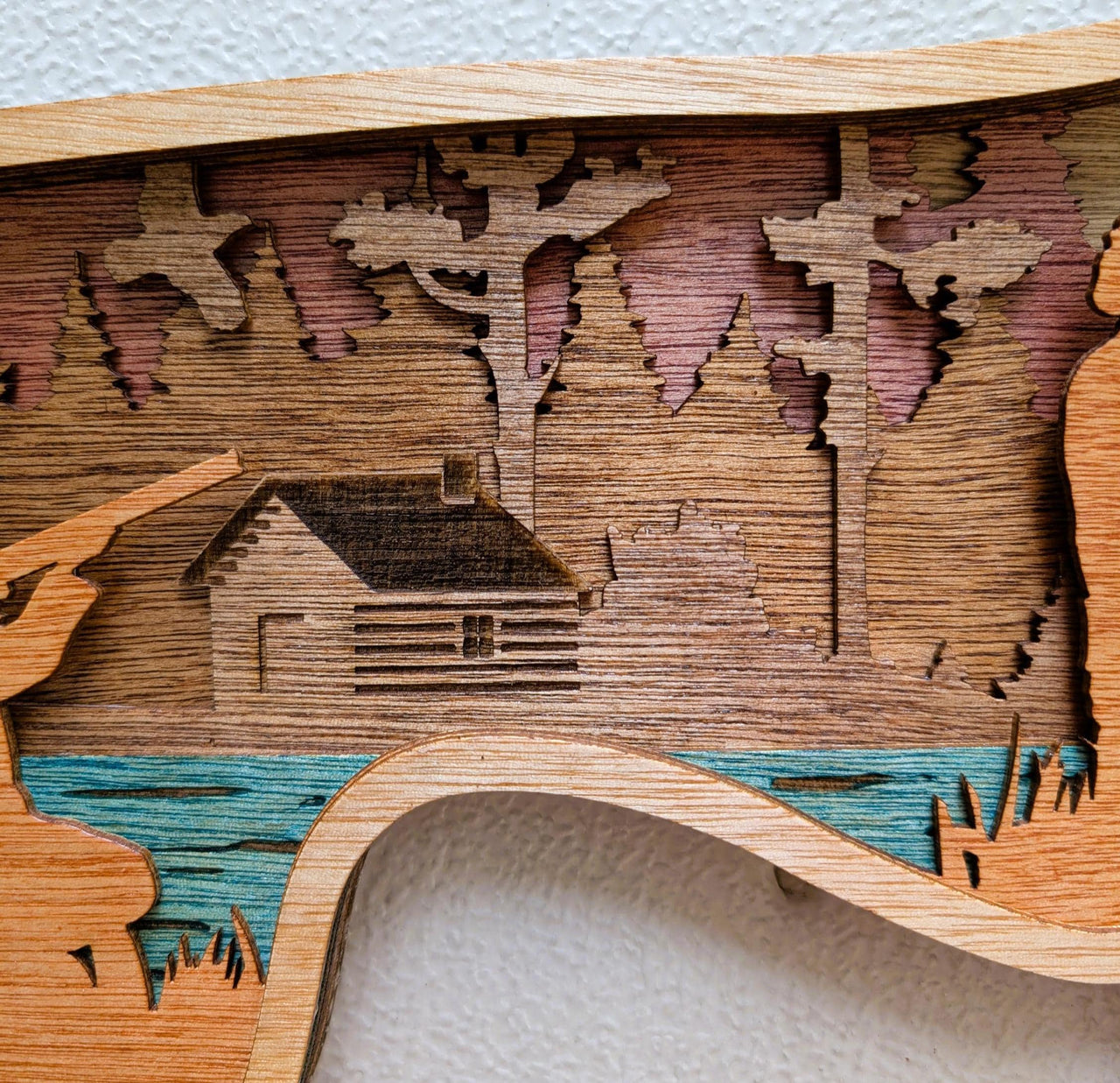 Hunting Dog Scene Wall Art: Multi Layered Stained Wood with Hunter, Dog & Ducks