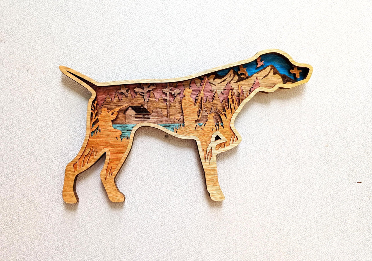 Hunting Dog Scene Wall Art: Multi Layered Stained Wood with Hunter, Dog & Ducks