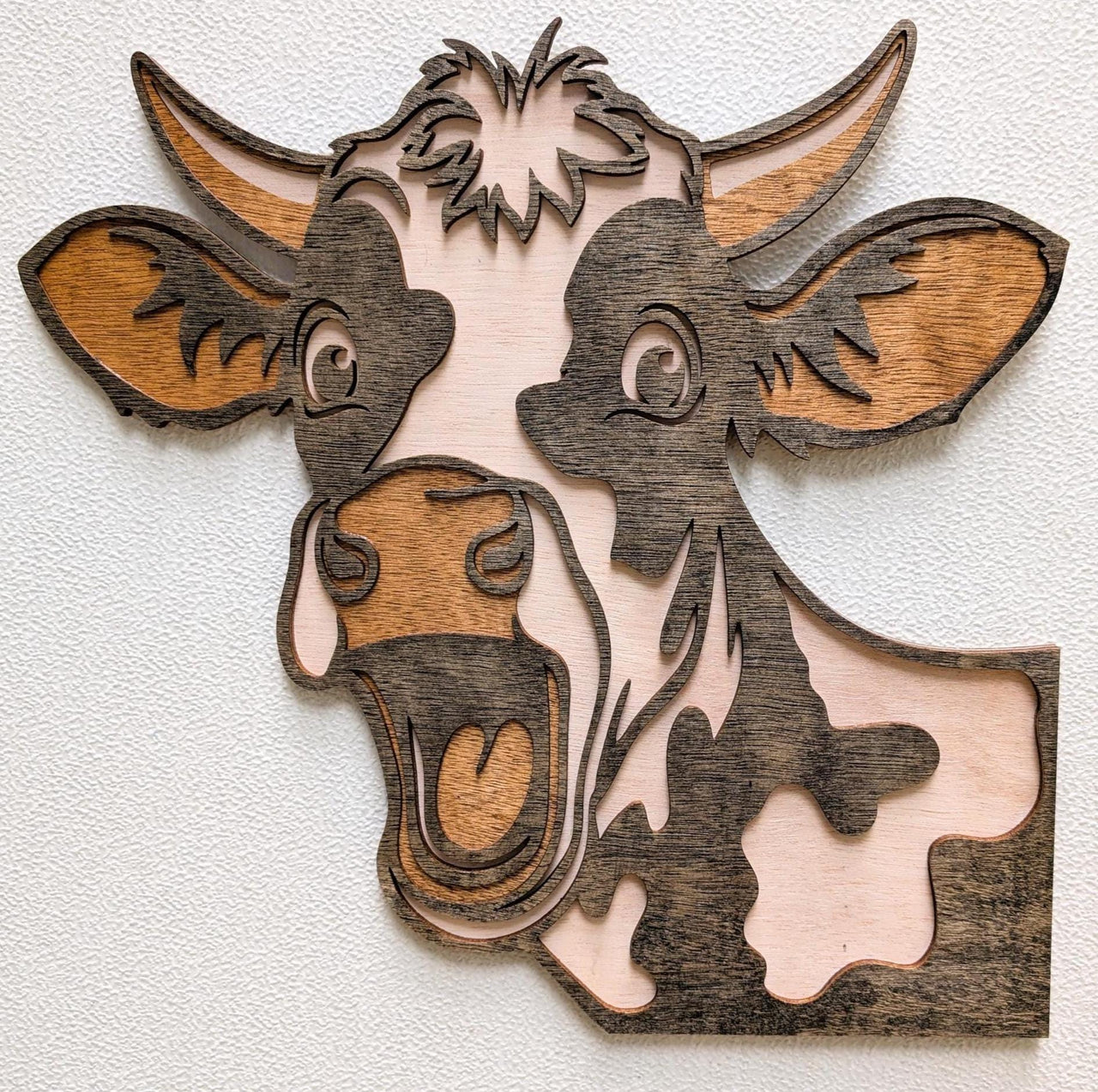 3D Fun Cow Wall Art: Multi-Layered Stained Wood Farm Decor