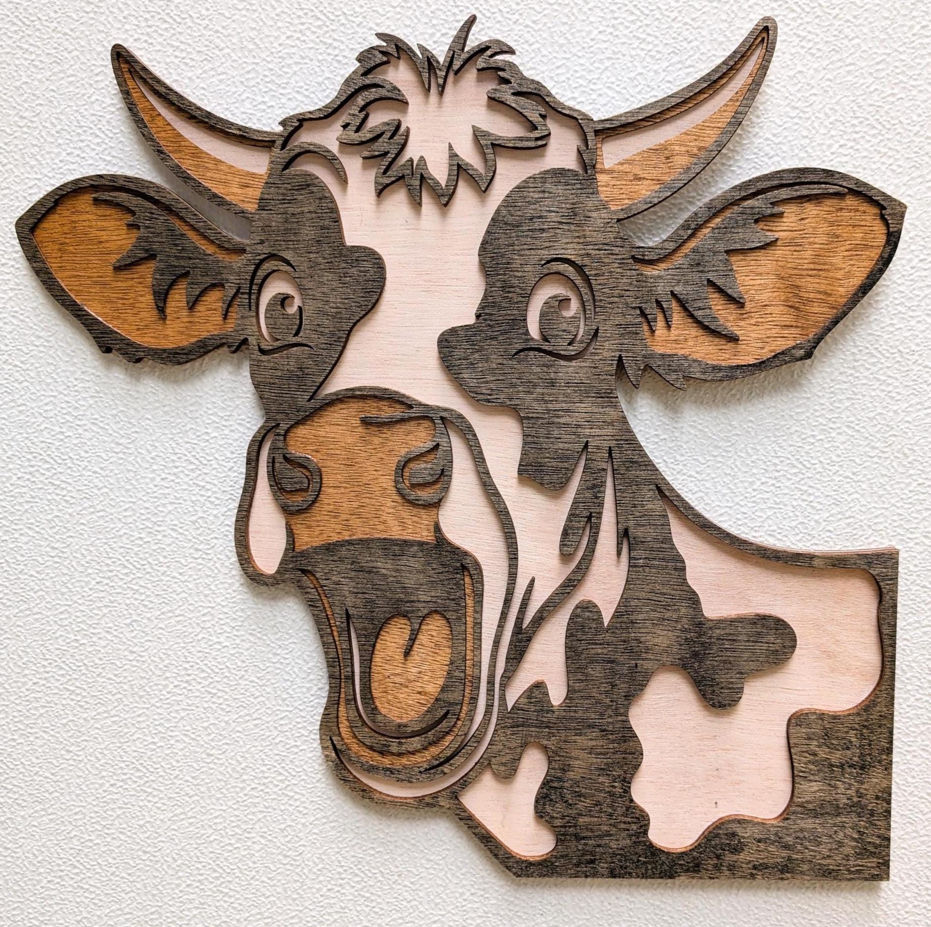 3D Fun Cow Wall Art: Multi-Layered Stained Wood Farm Decor