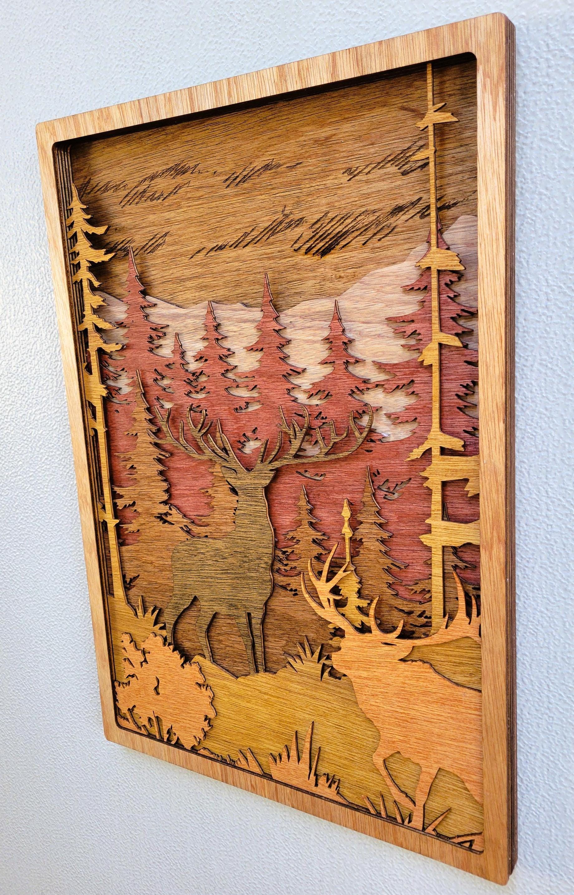 Moose & Buck Forest Wall Art, 3D Wall Décor, Pine Trees, Deer, Wildlife, Cabin Décor, Multilayered Stained Wood, Nature Scene, Unique Gift