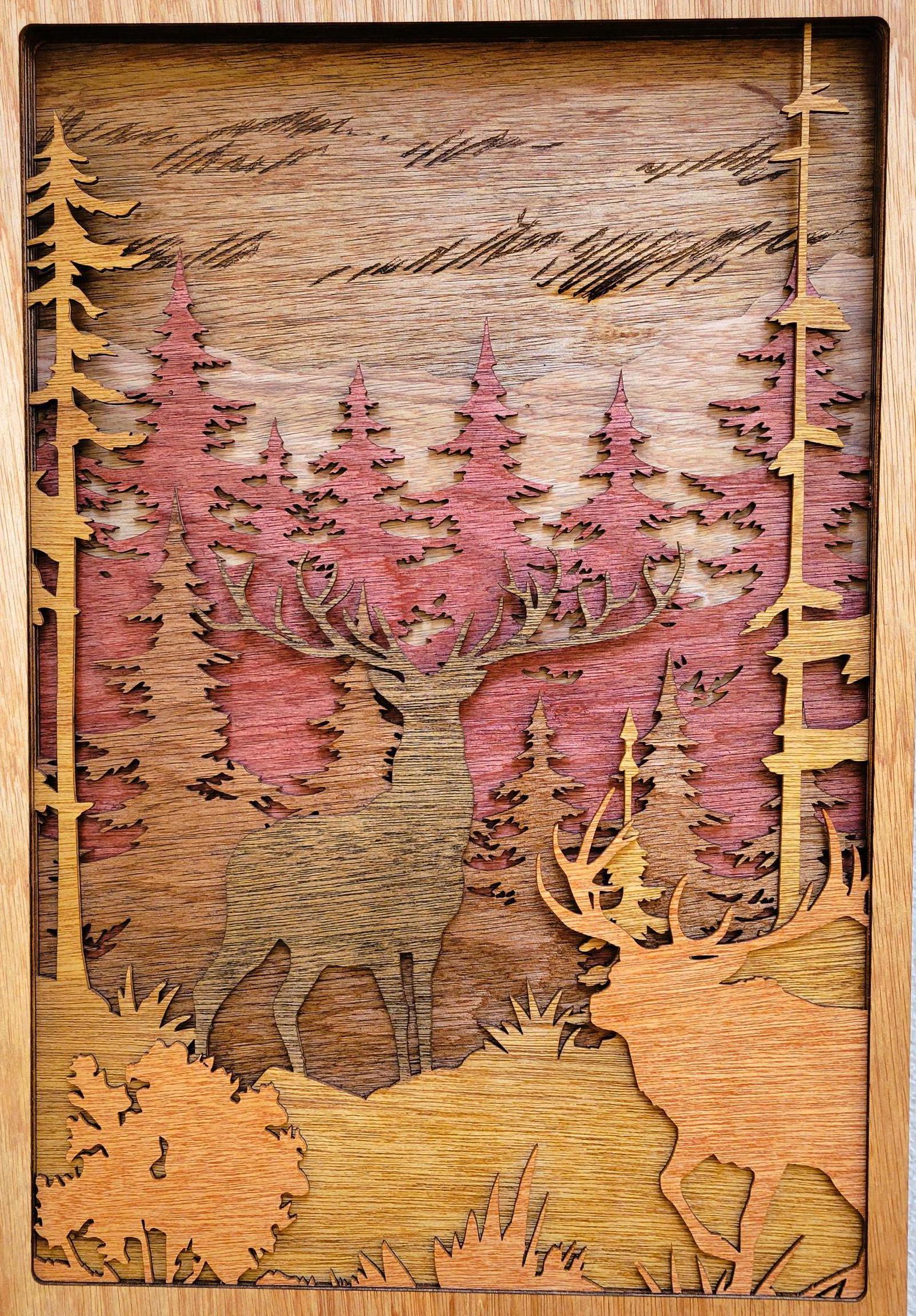 Moose & Buck Forest Wall Art, 3D Wall Décor, Pine Trees, Deer, Wildlife, Cabin Décor, Multilayered Stained Wood, Nature Scene, Unique Gift
