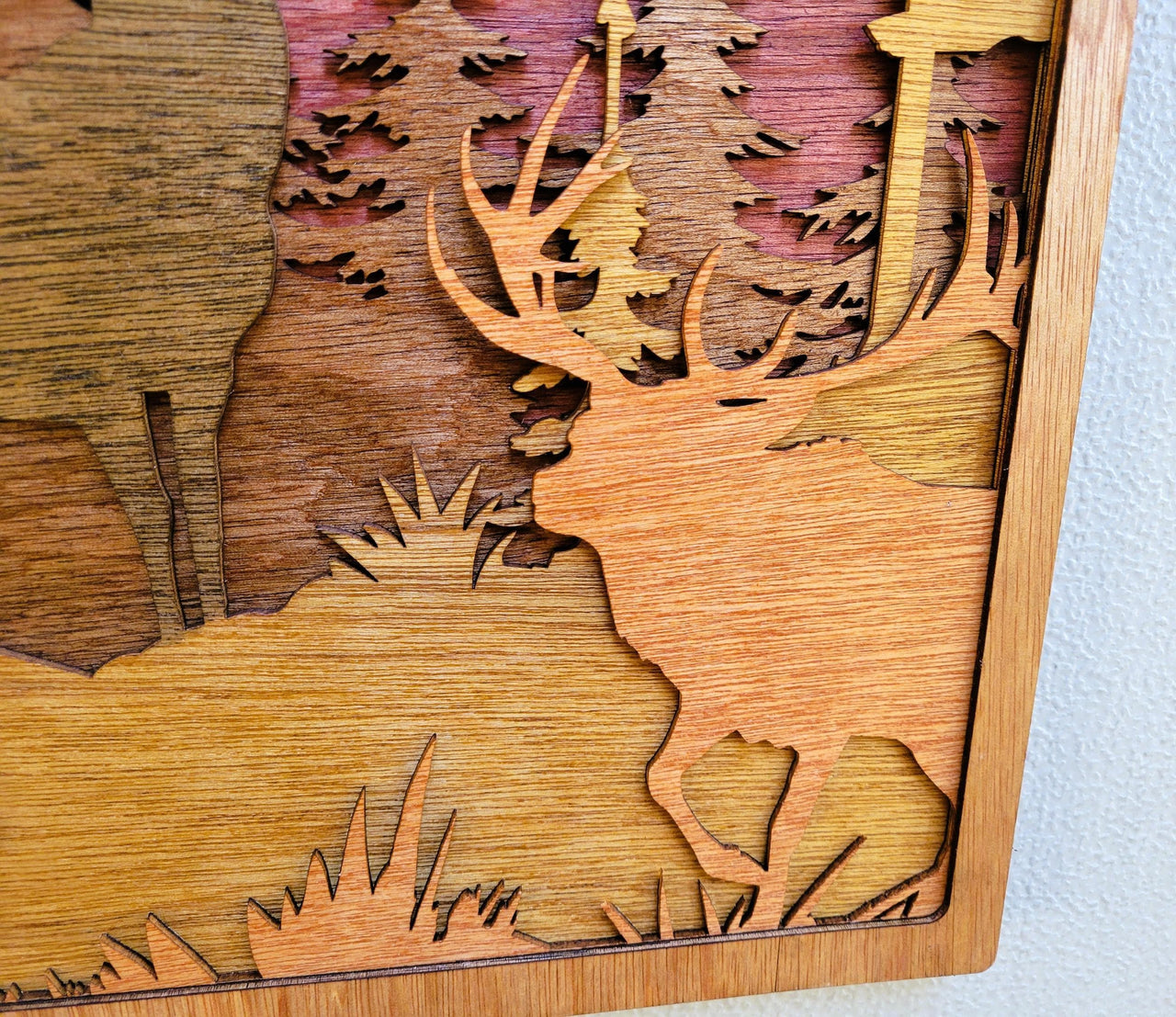 Moose & Buck Forest Wall Art, 3D Wall Décor, Pine Trees, Deer, Wildlife, Cabin Décor, Multilayered Stained Wood, Nature Scene, Unique Gift