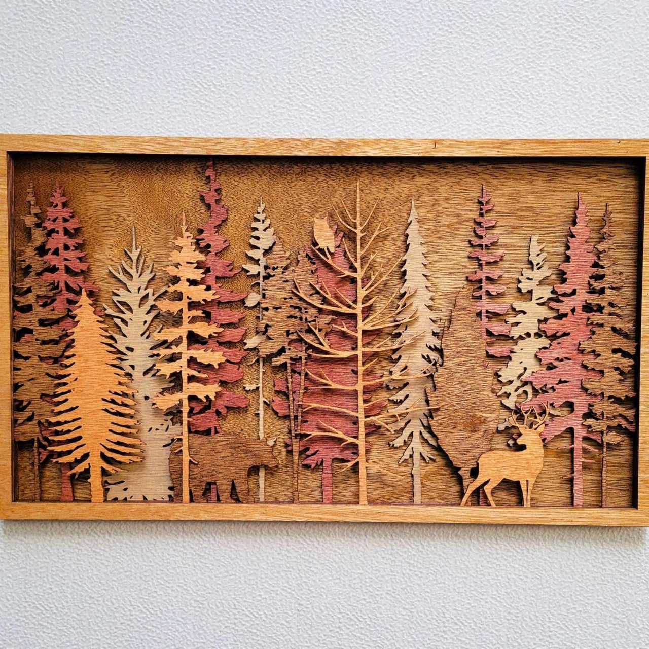 Bear & Buck in Forest Wood Wall Art, 3D Wall Décor, Pine Trees, Deer, Cabin Decor, Multi Layered Stained Wood, Winter Decor, Unique Gift