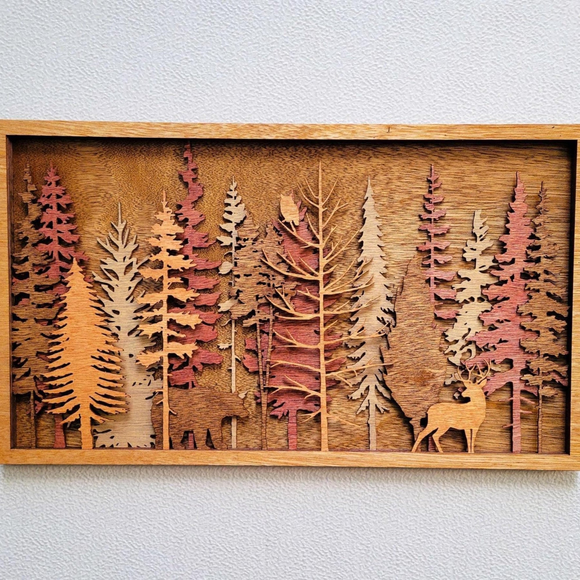 Bear & Buck in Forest Wood Wall Art, 3D Wall Décor, Pine Trees, Deer, Cabin Decor, Multi Layered Stained Wood, Winter Decor, Unique Gift