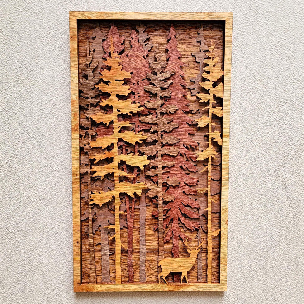 Pine Trees with a Deer, 3D Forest Wildlife Wood Wall Art, Vertical Wall Décor, Cabin Decor, Multi Layered Art, Fall, Winter, Christmas Gift