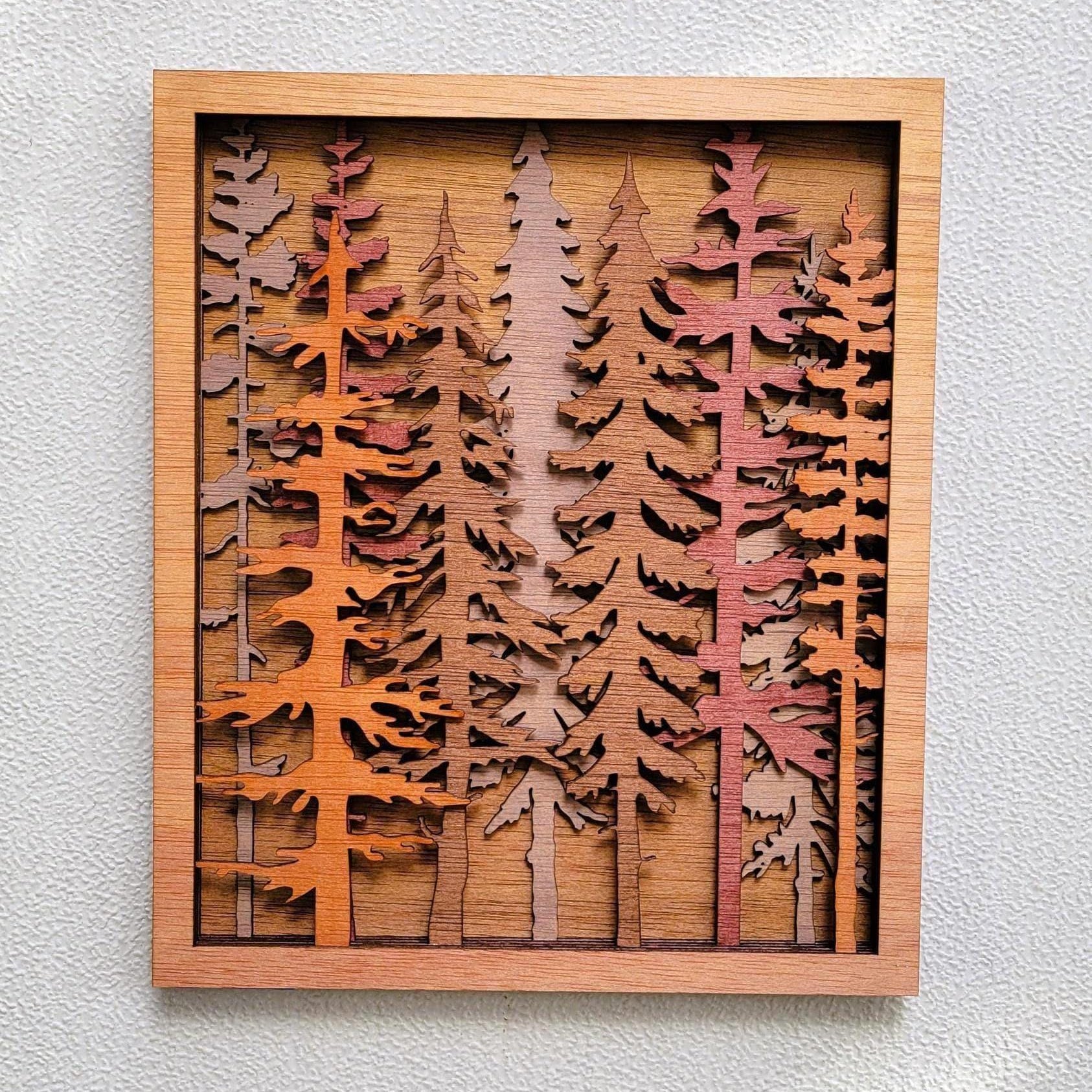 3D Forest Wood Wall Art: Layered Stained Pine Tree Scene