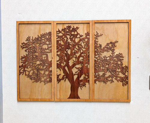 Handmade layered Tree of Life triptych wood wall art with intricate laser-cut branches and rustic farmhouse style decor