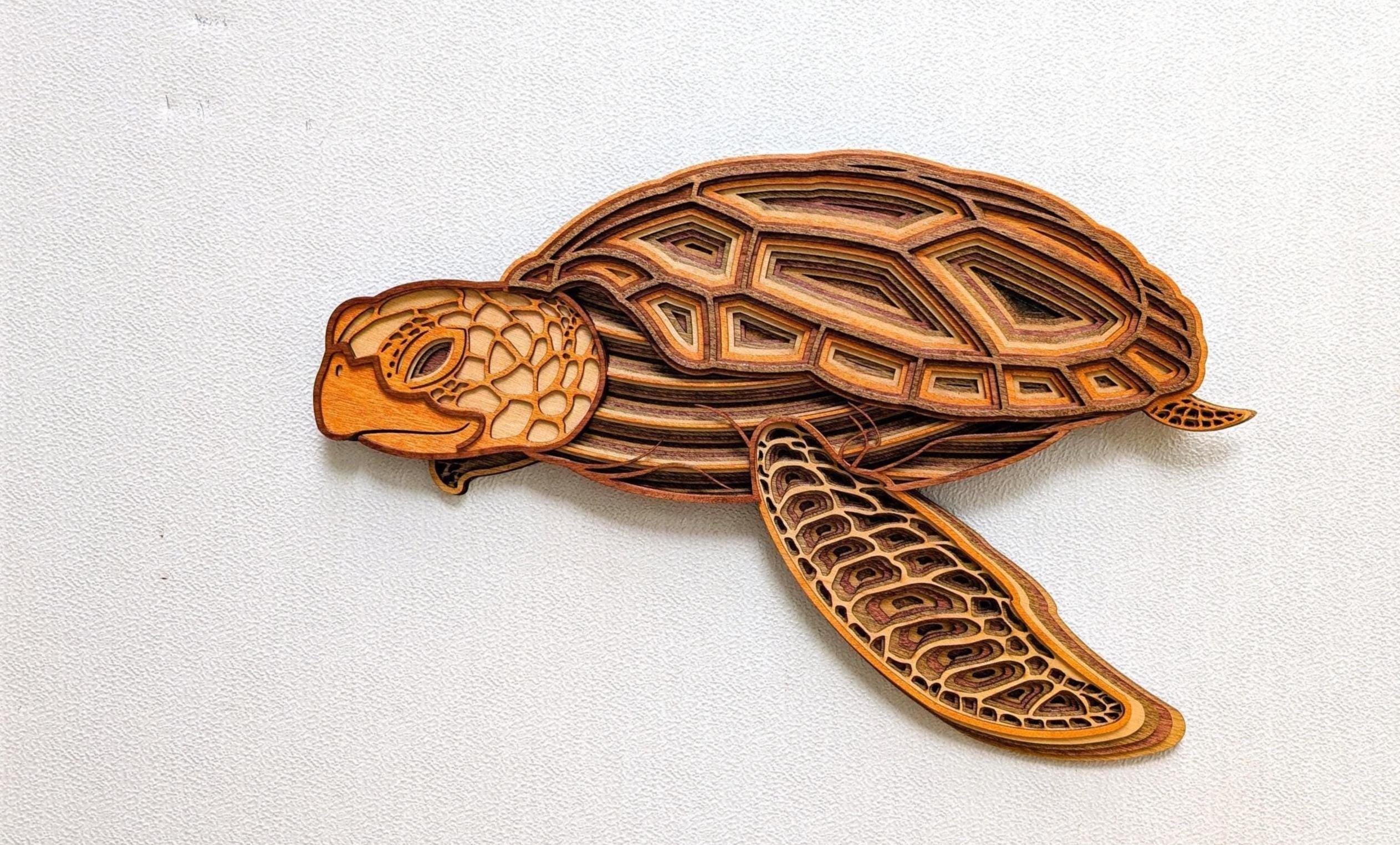 3D Wood Sea Turtle Wall Art: Multi-Layered Stained Nautical Decor