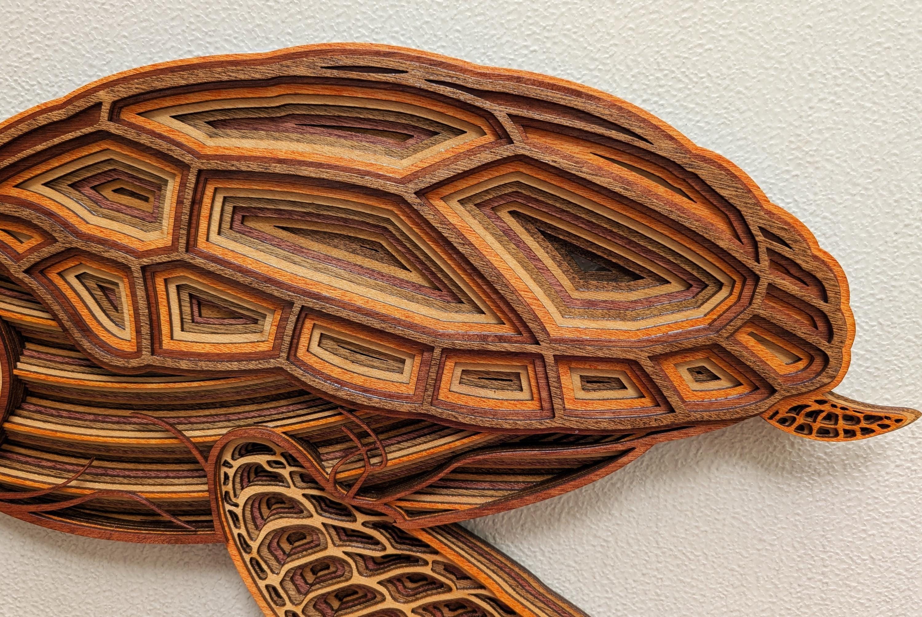 3D Wood Sea Turtle Wall Art: Multi-Layered Stained Nautical Decor
