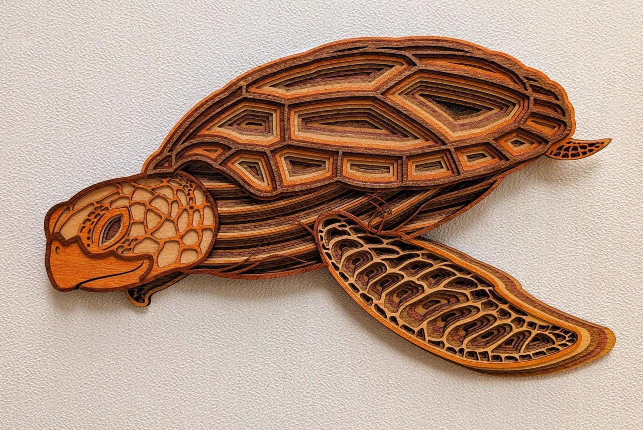3D Wood Sea Turtle Wall Art: Multi-Layered Stained Nautical Decor