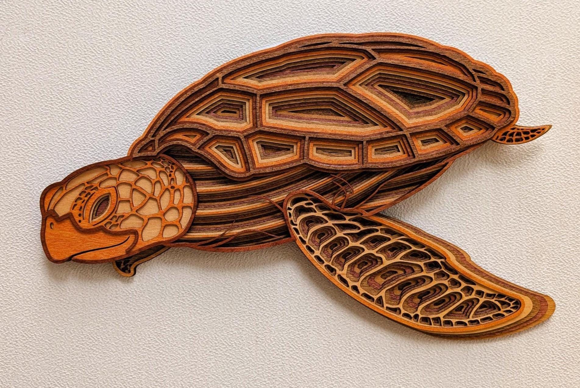 3D Wood Sea Turtle Wall Art: Multi-Layered Stained Nautical Decor