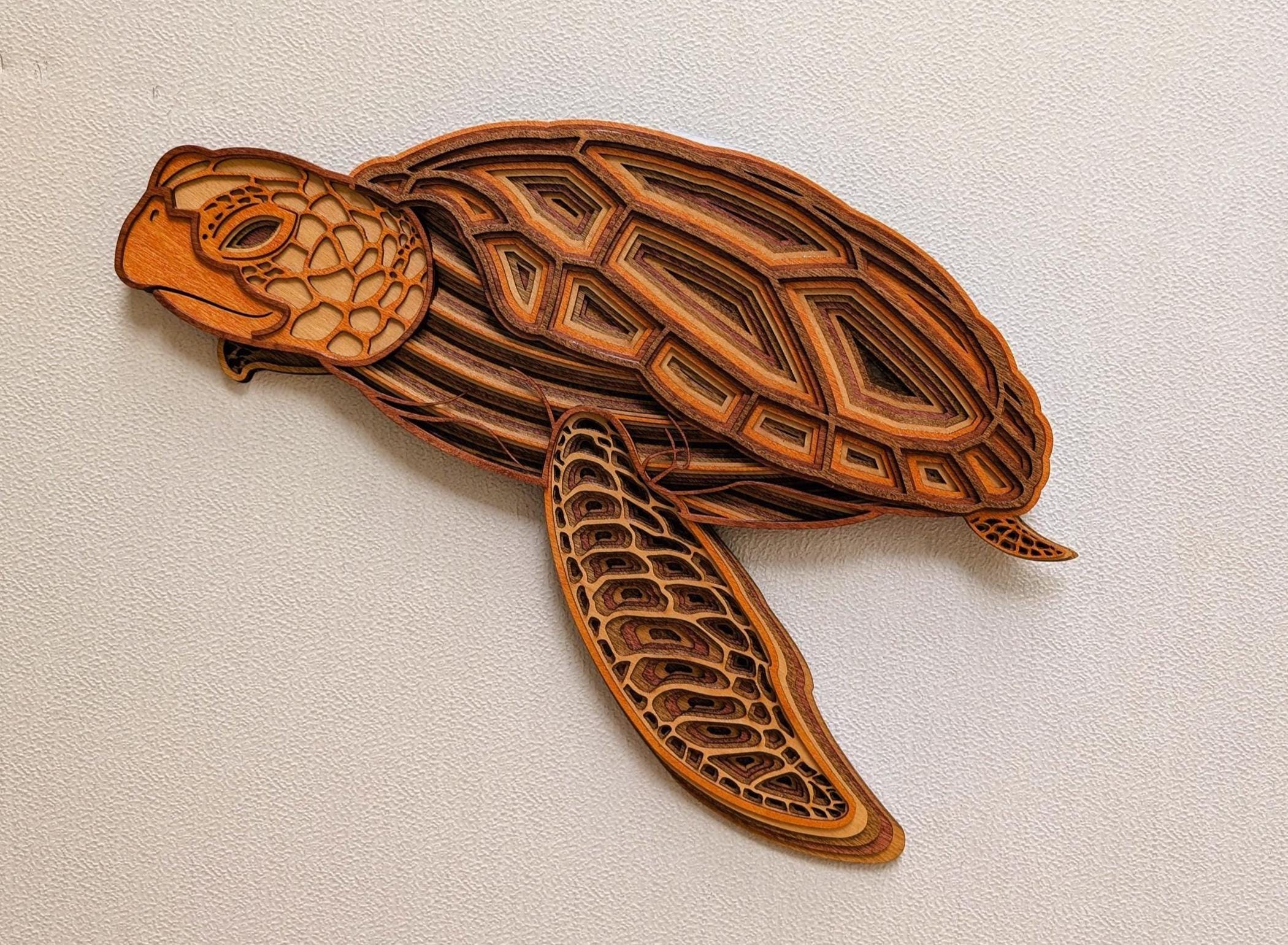 3D Wood Sea Turtle Wall Art: Multi-Layered Stained Nautical Decor