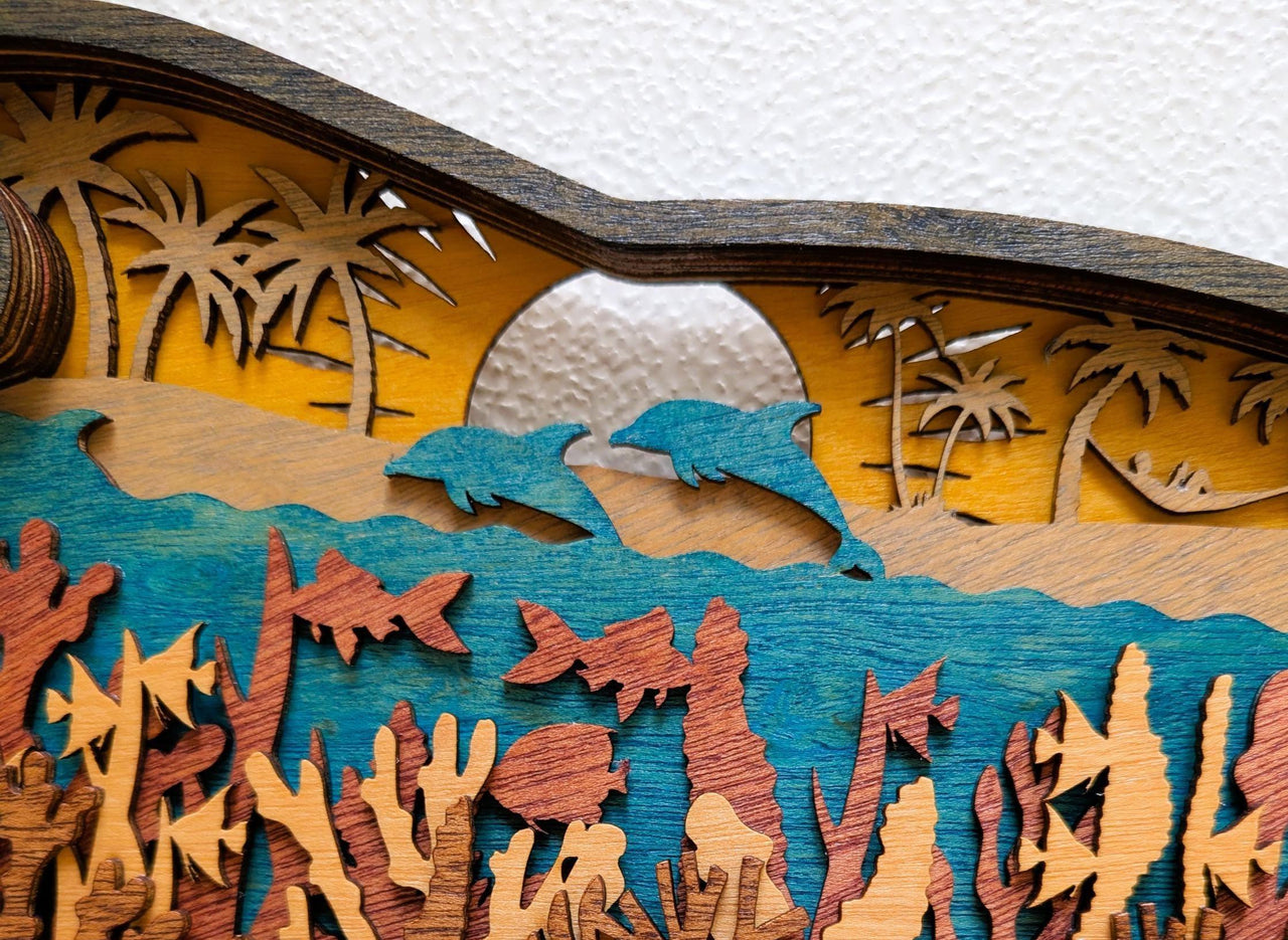 3D Dolphin Wood Wall Art: Multi-Layered Stained Wood, Nautical Decor